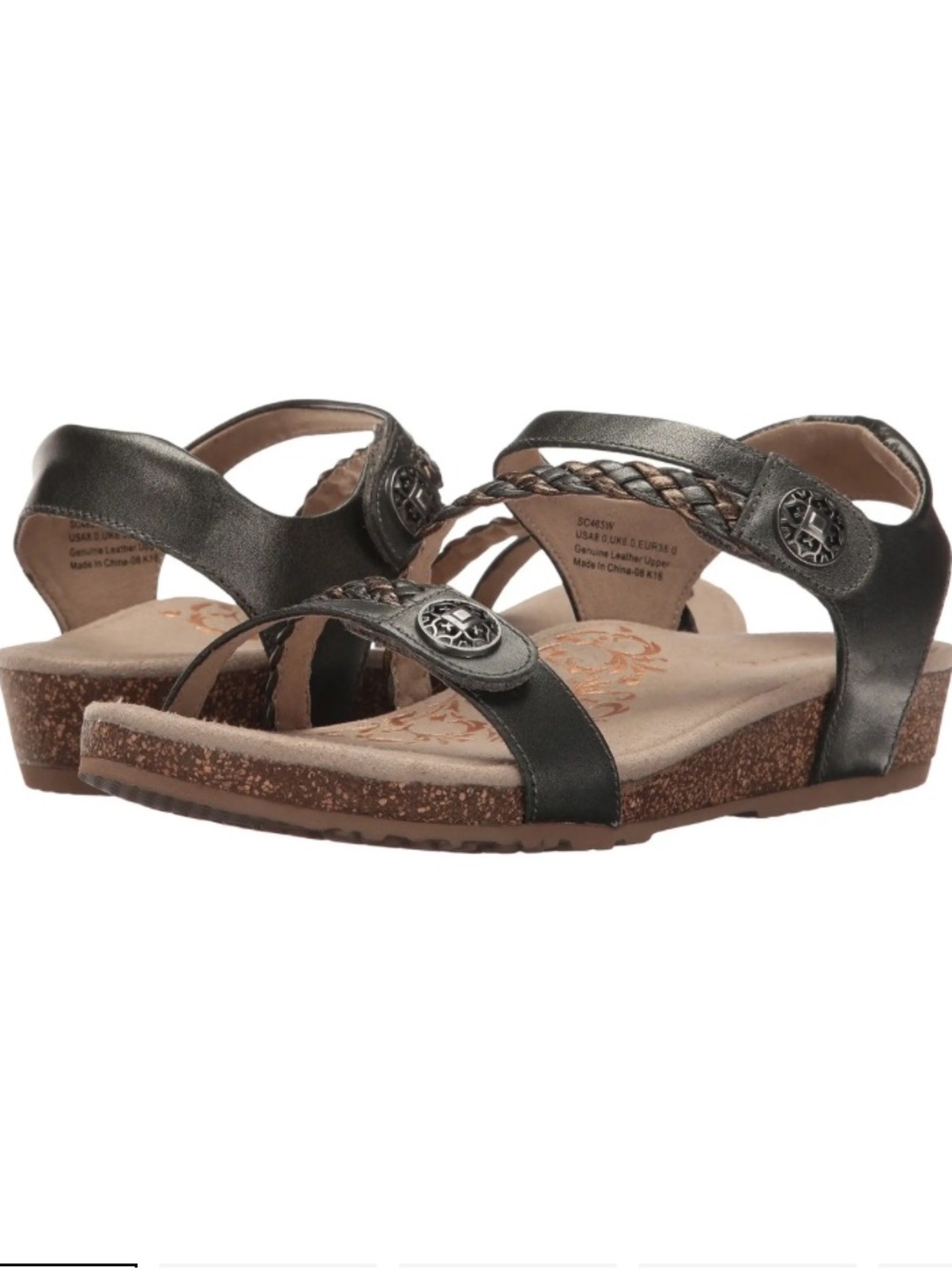 Aetrex Jillian Braided Strap Leather Adjustable Sandals Womens 36 US6 Gunmetal